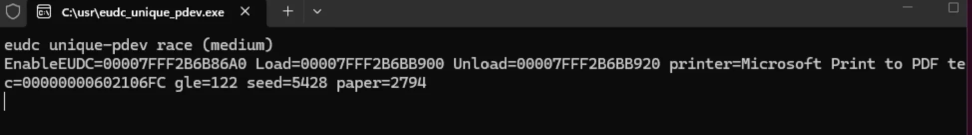 Console output of the eudc_unique_pdev harness: the startup banner with the resolved gdi32 EUDC entry points (EnableEUDC, EudcLoadLinkW, EudcUnloadLinkW), the selected printer, the seed DEVMODE, and the running progress counters.