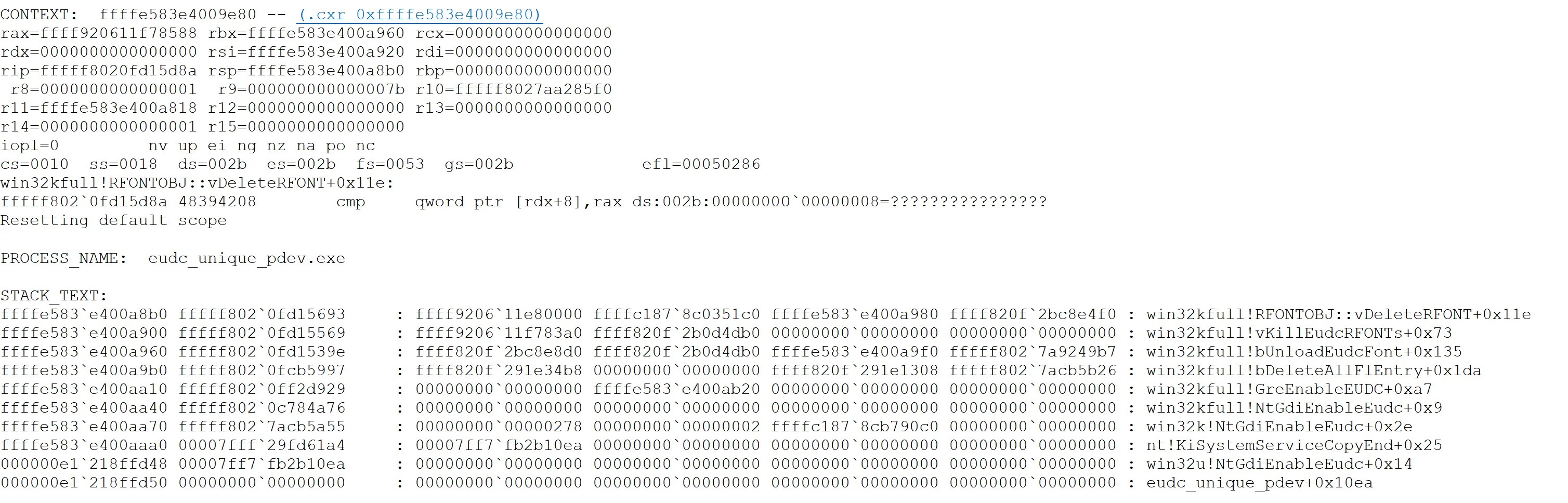 WinDbg stopped at win32kfull!RFONTOBJ::vDeleteRFONT+0x11e on the neighbour mutual-link compare; the stack shows the EUDC-side delete path from user-mode EnableEUDC through vKillEudcRFONTS down to vDeleteRFONT.